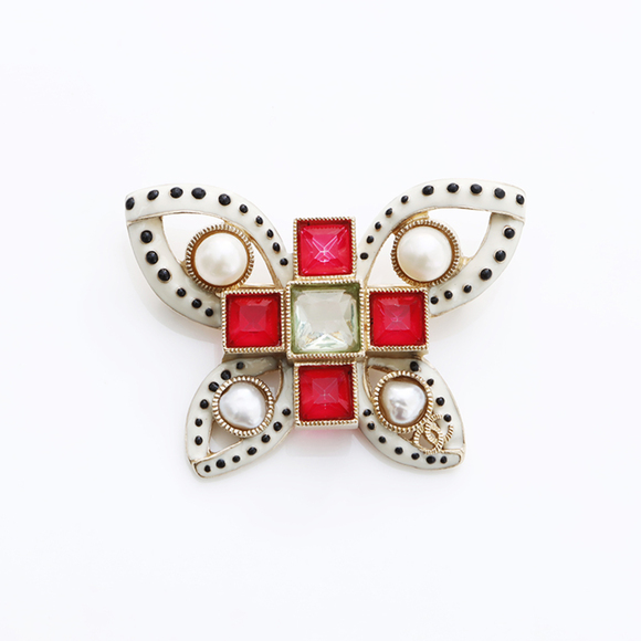 CHANEL A16C Butterfly Brooch Gold Red WS7803